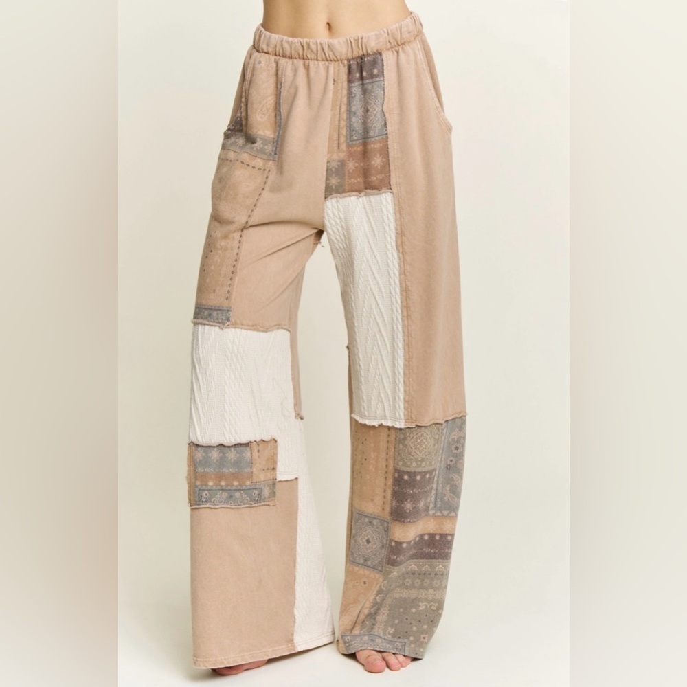 NWT J. Her Patchwork Cable Knit Bandana Boho Print Mixed Media Wide Leg Pants - Picture 10 of 13